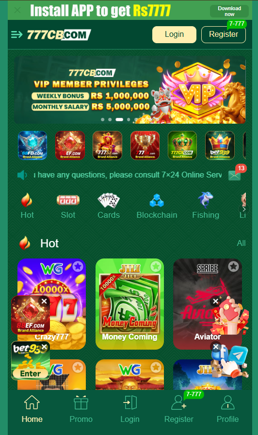 777CB homepage interface showing games, VIP banner and login and register options