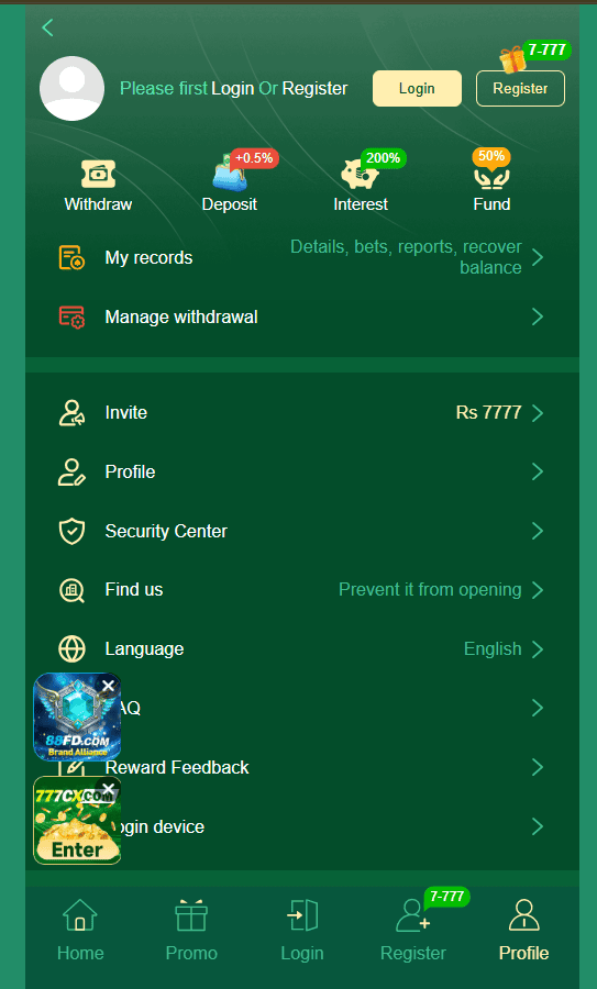 777CB login and profile interface with account, deposit, withdrawal and security options