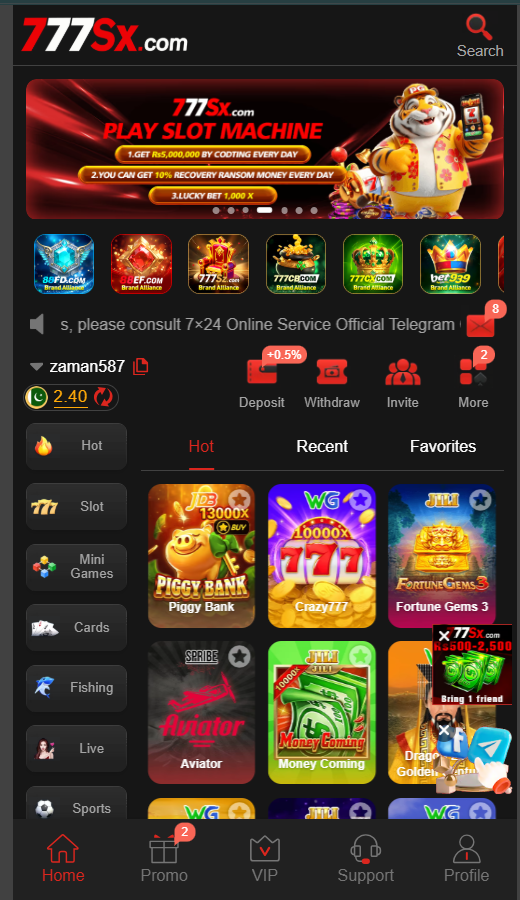 777SX game home page with slot machines, mini games, cards, and live games