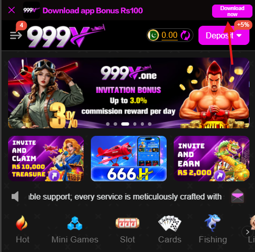 999V download app screen showing game dashboard, bonus banner, deposit button and gaming options.