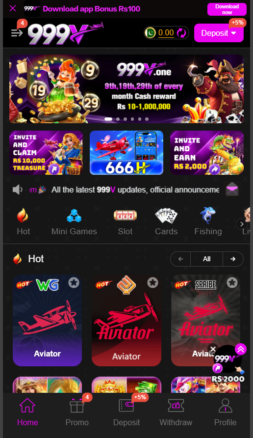 999V game interface showing online gaming categories, Aviator games, deposit options and menu.