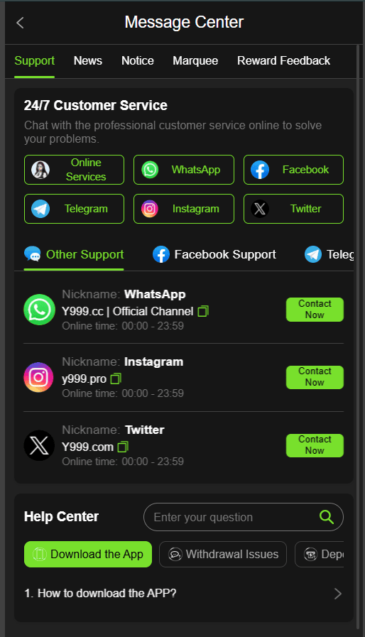 Y999 customer service and support center with WhatsApp, Facebook, Telegram, Instagram and Twitter options