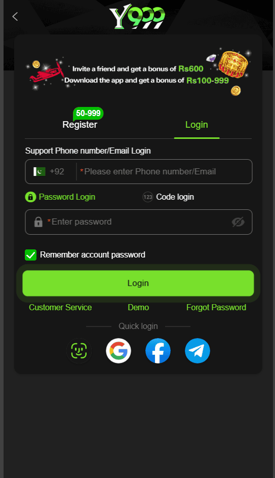 Y999 login page with login via phone number or email, password login and social login options