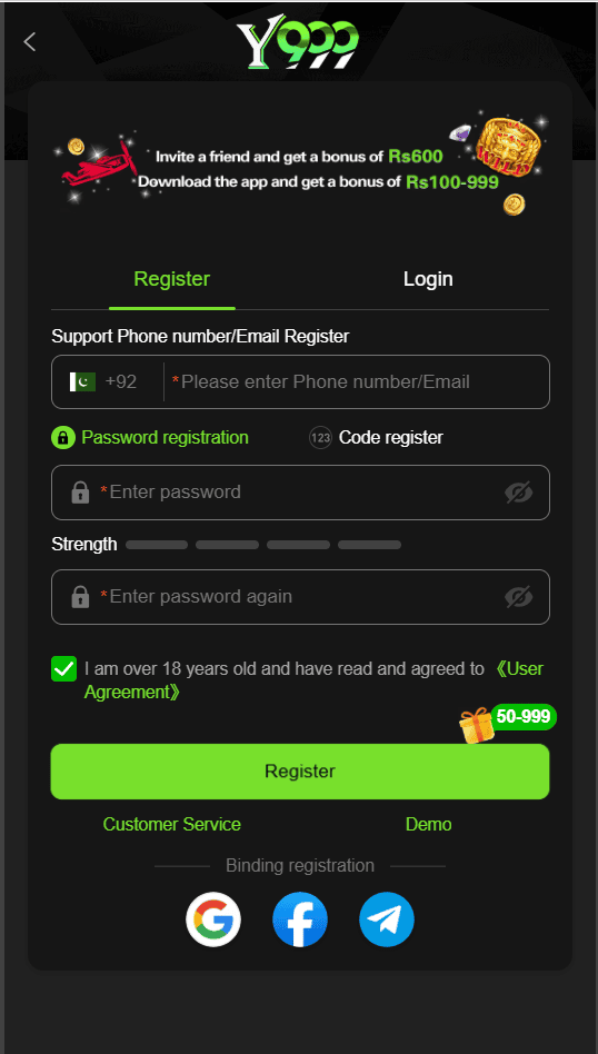 Y999 Registration Screen Phone or Email Registration Password Fields Bonus Offer