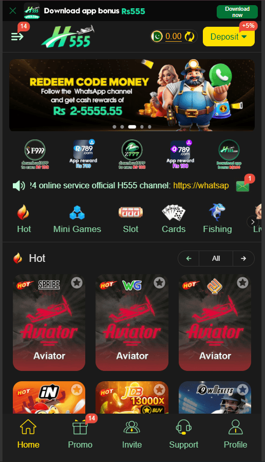 H555 games app showing hot games, slots, cards, fishing and mini games