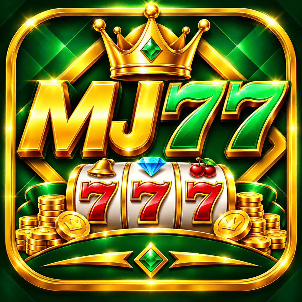 MJ77 casino game logo with golden crown, 777 slot machine and green background