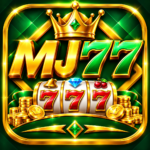MJ77 casino game logo with golden crown, 777 slot machine and green background