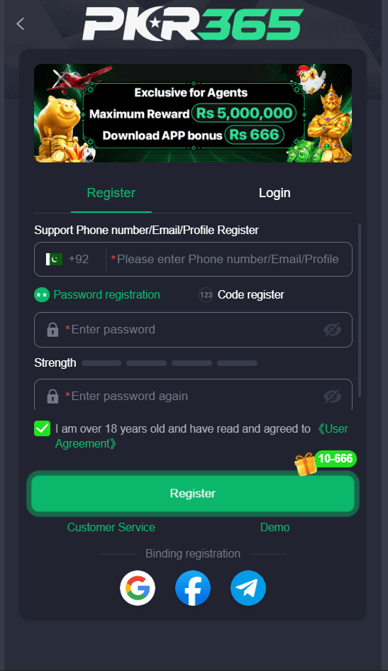PKR365 registration and login page screenshot