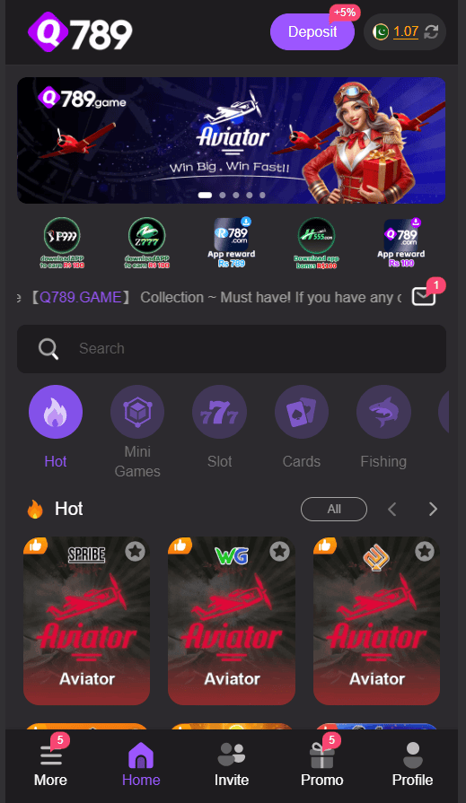 Q789 Game homepage showing online games and gaming categories